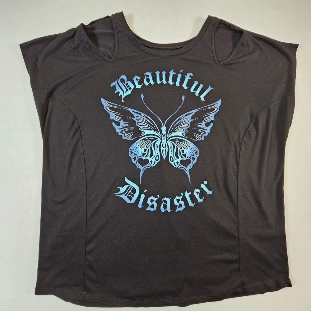 Beautiful Disaster Cut Out Shoulder Womens C1X Butterfly Graphic Short Sleeve